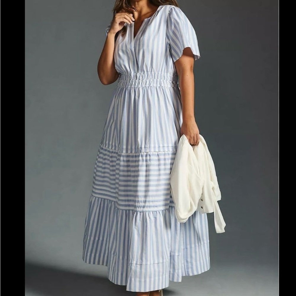 Just...Taylor Blue and White Striped Maxi Summer Dress with puffed sleeve Sz Sm